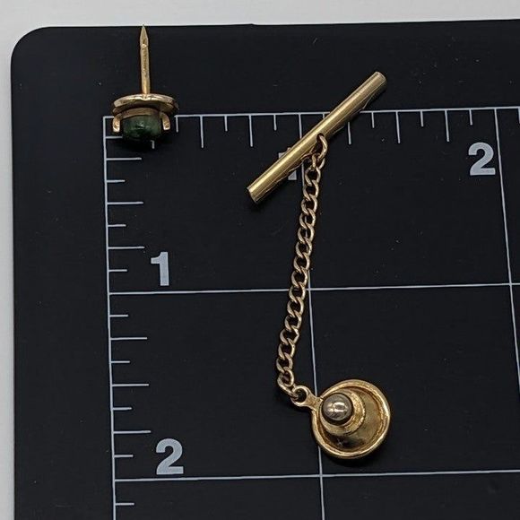 Signed Vintage SWANK Karat Gold MCM Genuine Jade Cufflinks & Tie Tack Pin Set - Picture 10 of 12